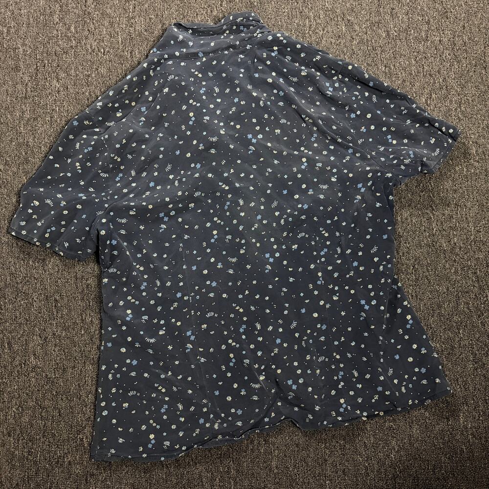 Vintage Y2k 100% Silk Mini Floral Navy Button Front Women's Blouse 8 Medium - Picture 2 of 6